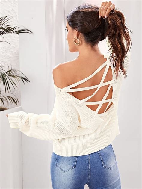 Solid Lace Up Backless Sweater SHEIN USA 16 Backless Sweater