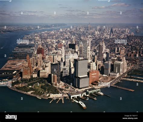 1970s Aerial Downtown Manhattan Looking North Battery Park World Trade