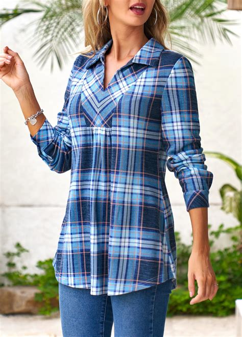 Turndown Collar Plaid Fold Long Sleeve Blouse Usd 2498