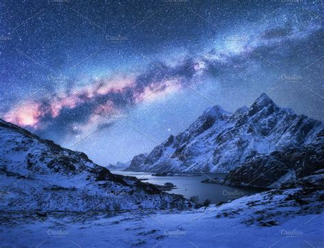 Bright Milky Way Over Mountains Night Landscape