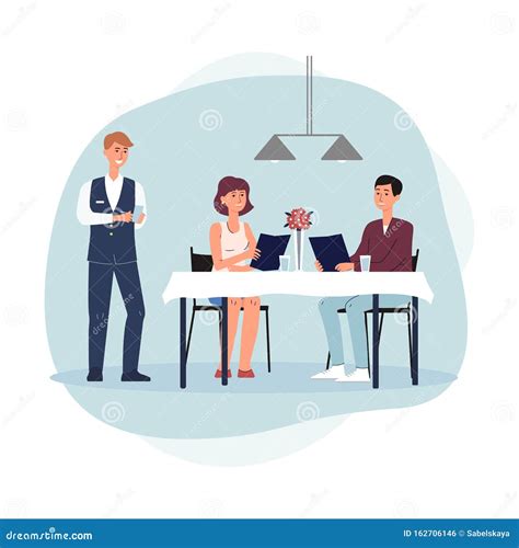 Couple Ordering Food In Restaurant Or Cafe Flat Vector Illustration