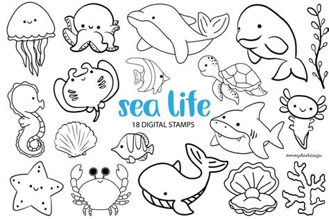 Sea Life Digital Stamp Sea Fish Clipart Sea Life Outline