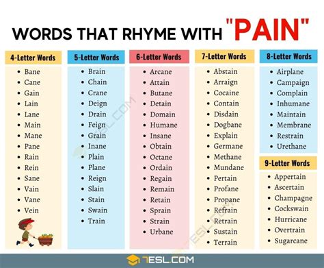 1200 Words That Rhyme With Pain • 7esl