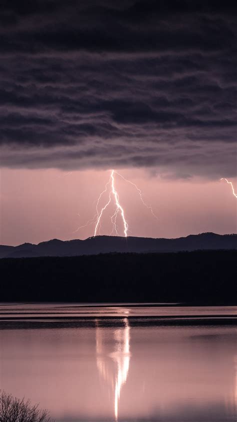 Download Wallpaper 1080x1920 Thunderstorm Lightning Lake Dark