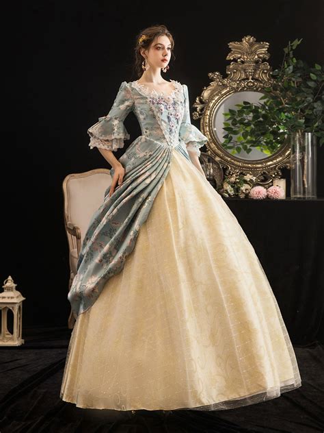 Victorian Dress Costumes Womens Rococo Floral Print Trumpet Short