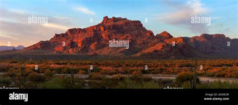 Scenic Desert Landscape With Red Mountain At Sunset In Mesa Arizona