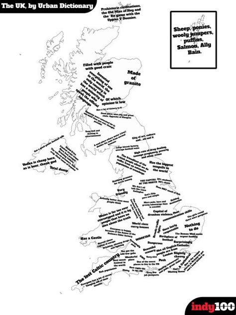 A diagrammatic representation of an area of land or sea showing physics features, cities, roads, etc. - Urban Dictionary Map of the UK. More stereotype maps >> | Map, Urban dictionary, United ...