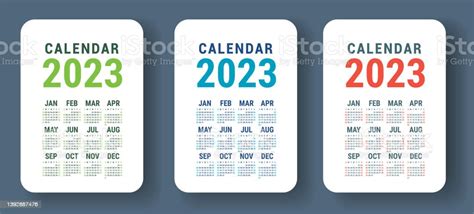 Kalender 2023 Tahun Set Vektor Warnawarni Bahasa Inggris Dinding