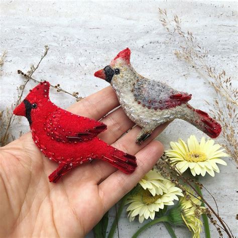 Pair Of Cardinal Birds Cardinal Brooches Felted Brooch Felt Birds