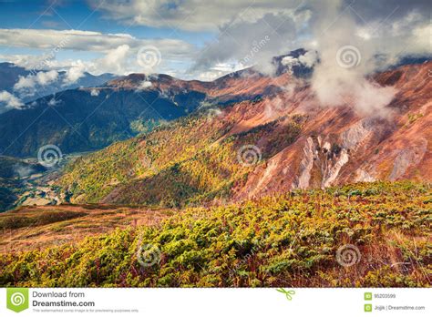 Misty Autumn Morning In Caucasus Mountains Stock Image Image Of