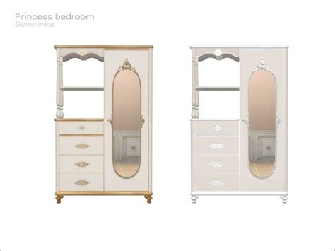 Wardrobe Functional Dresser With Carved Handles And Decorative Mirror