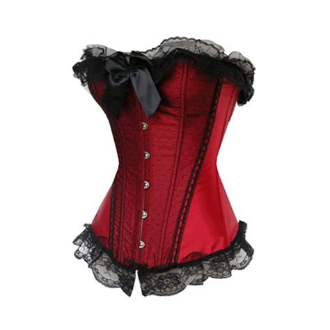 Red Satin Corset Small Dots Lace Front Lace Ruffles Bustier S Xxlred