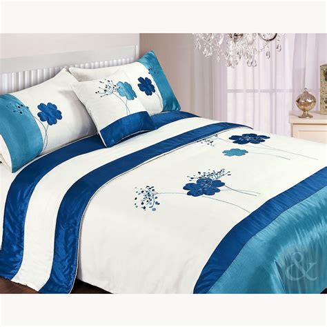 Floral 5pc Bed In A Bag Cream Teal Blue Bedding Set Runner And Cushion