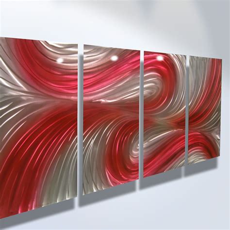 Three Red And White Abstract Paintings Hanging On A Wall