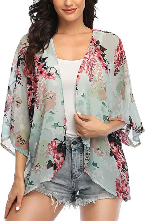 Womens Floral Print Kimonos Loose Tops Half Sleeve Shawl Chiffon