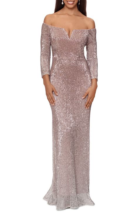 Buy Xscape Womens Xscape Ombre Sequin Off The Shoulder Long Sleeve Gown At 29 Off Editorialist