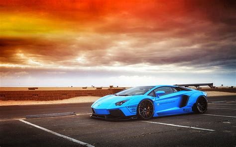 Hd Wallpaper Blue Lamborghini Aventador Coupe Sky Front Sunset