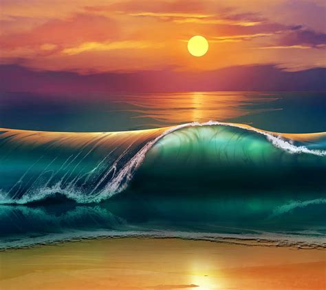 1366x768px 720p Free Download Sunset Beach Waves Art Nature Ocean