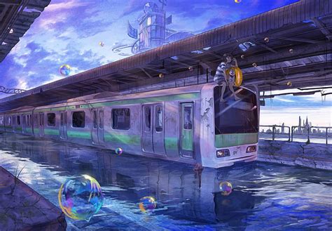 Hd Wallpaper Anime Girl Train Wrecked Bubbles Artwork Reflection