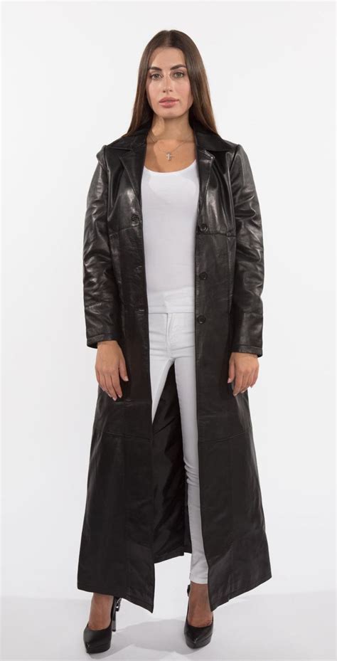 Ladies 3 Button Matrix Black Full Length Leather Coat Long Leather Coat Leather Coat Leather