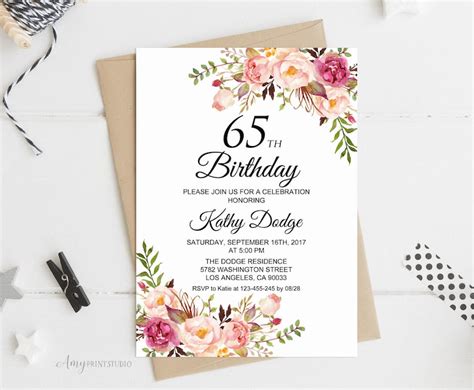65th Birthday Invitation Floral Women Birthday Invitation Etsy