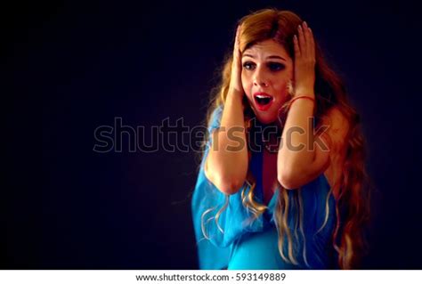 Shocked Woman Screaming Joyful Surprised Excited Stock Photo 593149889