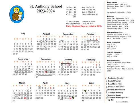 School Calendars Parents And Community St Anthony Catholic School