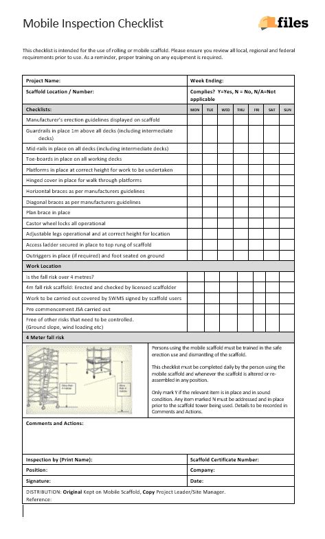 Mobile Scaffold Inspection Checklist Construction Documents And Templates