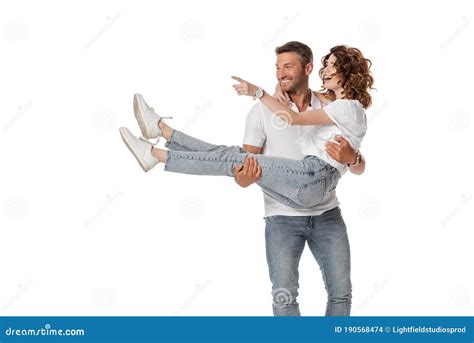 Cheerful Man Holding In Arms Excited Stock Photo Image Of Happiness