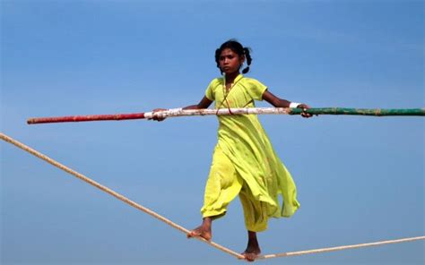 Indian Girl Walking On Rope Tightrope Walker Pole Bending Ancient Greek Words Physical Skills
