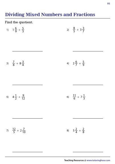 Divide Fractions And Mixed Numbers Worksheet Pdf
