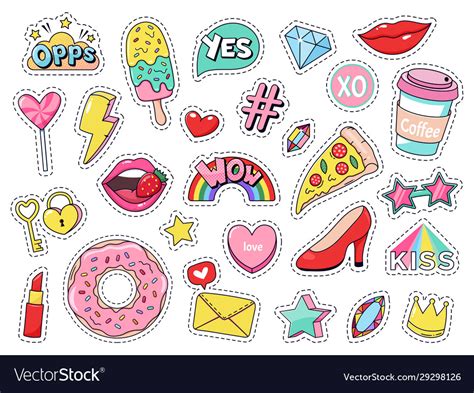Fashion Patches Comic Doodle Girl Badges Teenage Vector Image