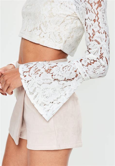 Missguided White Long Sleeve Lace Crew Neck Crop Top Lyst