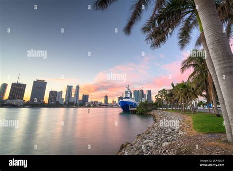 Miami Florida City Skyline On Biscayne Bay At Dusk Stock Photo Alamy