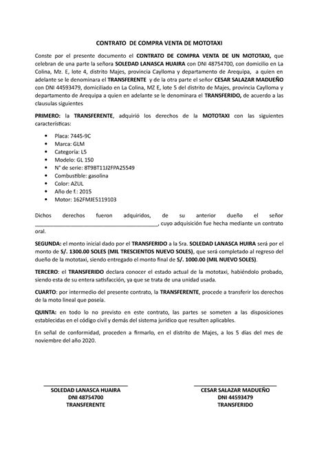 Contrato De Compra Venta De Moto Lineal Contrato De Compra Venta De