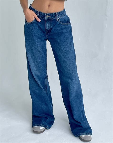 Motel X Jacquie Roomy Extra Wide Low Rise Jeans In Mid Blue Used