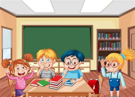 School Classroom Scene With Happy Students Cartoon Character 5441631