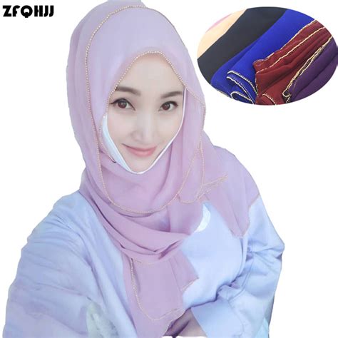 Zfqhjj 180x75cm Beautiful Bubble Chiffon With Rhinestone Border Scarf Muslim Hijab Scarf Head