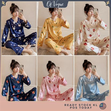 Ready Stock Msia【ofvogue】cartoon V Collar Women Pajamas Pyjamas Silk Satin Long Sleeve Baju