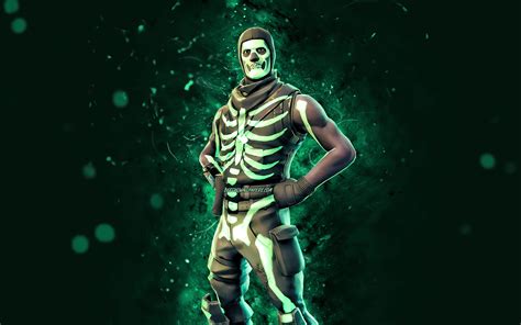 Download Wallpapers Green Glow Skull Trooper K Turquoise Neon Lights Fortnite Battle Royale