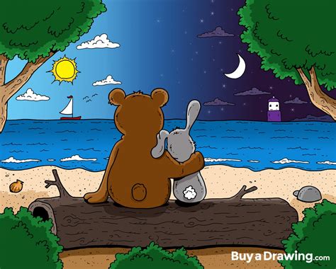 Bear And Bunny By The Ocean A Custom Cartoon Drawing T