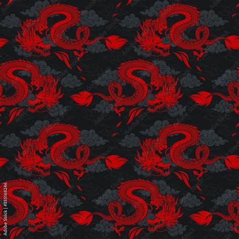 Vector Seamless Pattern With Red Chinese Dragon And Clouds Hand Drawn