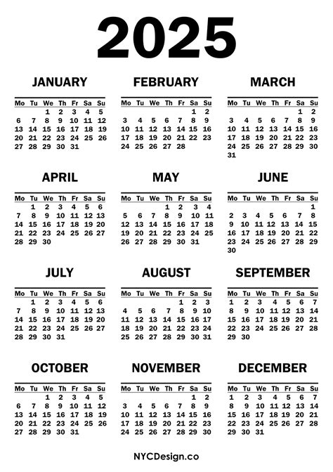 2025 Calendar Printable Free White Monday Start