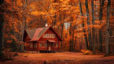 Cozy Cabin Surrounded By Autumn Trees K Wallpaper Hd In