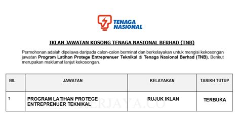 Semua permohonan hendaklah dibuat secara online dengan menggunakan laman sesawang. Permohonan Jawatan Kosong Tenaga Nasional Berhad (TNB ...
