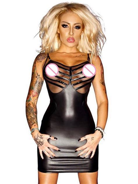 Sexy Faux Leather Stripe Mini Dress Mesh See Through Bandage Dress Wet Look Zipper Open Camis
