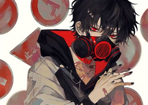 Download 1080x2310 Anime Boy Gas Mask Red Eyes Black