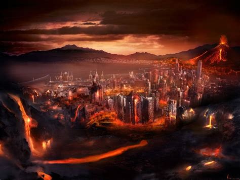 An Artistic View Of A City In The Sky With Mountains And Fire Coming