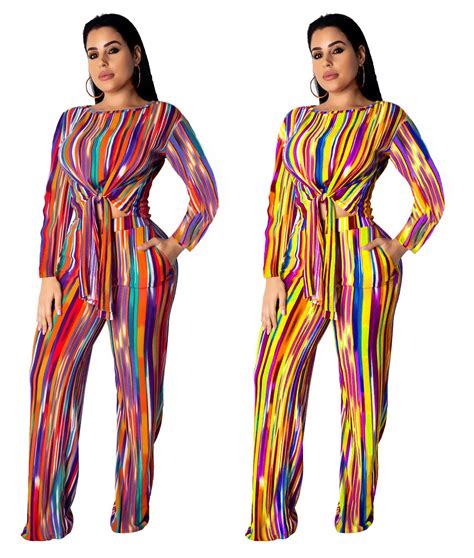 Winter Women Sets O Neck Full Sleeve Top Pants Suits Rainbow Striped Two Piece Set Tracksuits
