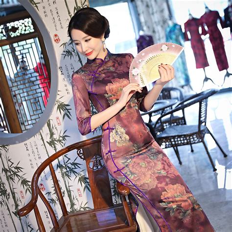 New Vintage Print Floral Traditional Chinese Women Dress Satin Sexy Ankle Length Qipao Lady